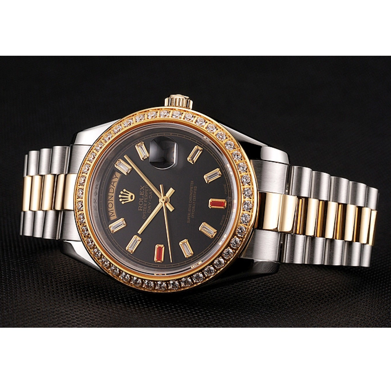 Good copy rolex watches Bracelet Day-Date Tone Rubies Two Rolex 1454105 Dial Swiss Black And Diamonds 0701